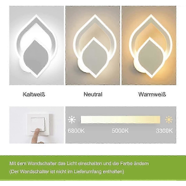 Moderne Roterbar LED Væglampe Dæmpbar 3 Lysfarver Neutral Kølig Hvid Varm Hvid Vægspot til Soveværelse Stue Gang (Hvid)