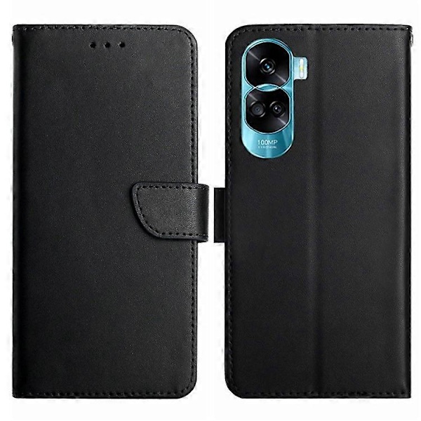 HT02 Kompatibelt Plånboksfodral i Äkta Koläder med Ställ för Honor 90 Lite 5G / X50i 5G Black
