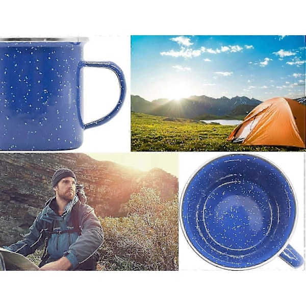 Emaljekop, Udendørskrus, Campingkop, Kaffekop, Metalkop, Klassisk Formfuldt Design, Blå med Hvide Pletter 300ml