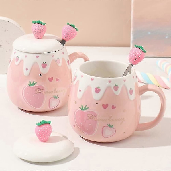 Søde Jordbærkrus Pink Kaffekrus Keramisk kawaii Kop Morgen Te Mælk Frugtkrus med Dejligt Låg Rustfri Stål Ske Kreativ 500ML