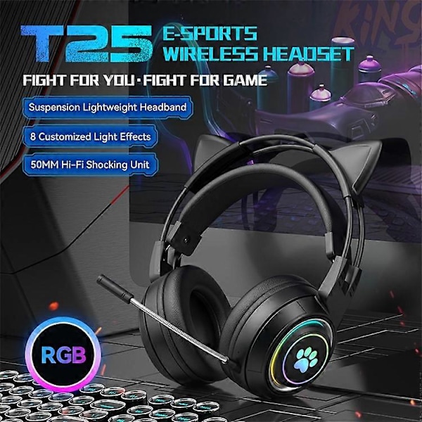 T25 Søte Katteører Hodetelefoner RGB-belysning Bluetooth Trådløst Headset med Avtakbar Mikrofon Black