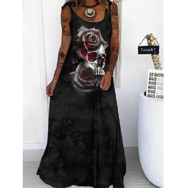 Naisten casual hihaton maxi-mekko, pääkallo- printed, löysä mekko Halloween-juhlissa Sling pitkä mekko style 1 3XL