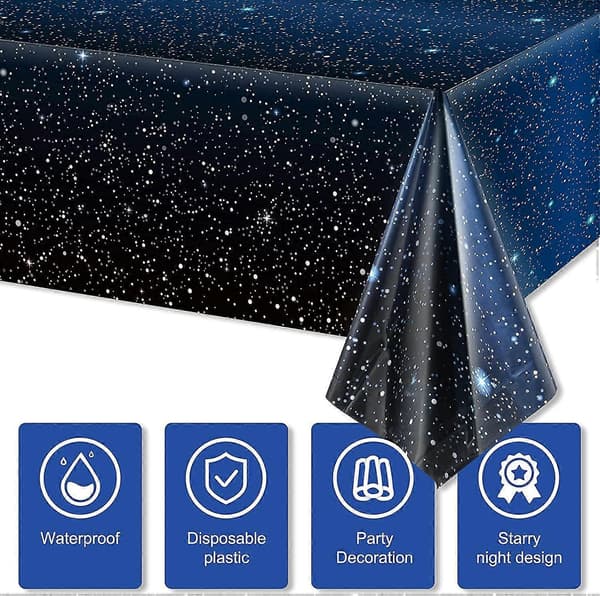Space Blue Bursdagsduk 274x137 CM Mørkeblå Stjernehimmel Rektangulær Duk for Barn Astronaut Bursdagsdekorasjon Plastduk