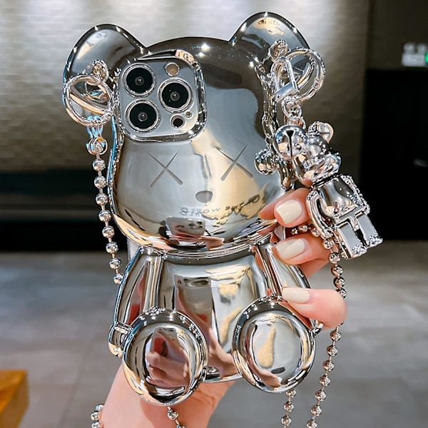 Søtt Deksel til iPhone 13 Pro Max 6.7'', 3D Tegneserie Deksel Sølv Teddybjørn Glitter Bling Cover med Metallkjedestropp Klokkeanheng, Mote Belagt Myk