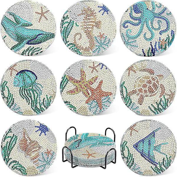 Absorberande Sten Havs- och Oceanliv Glasunderlägg för Drycker, Korkbas med Hållare, Kustnära Dekor Strandtema Tropiskt, Set om 8