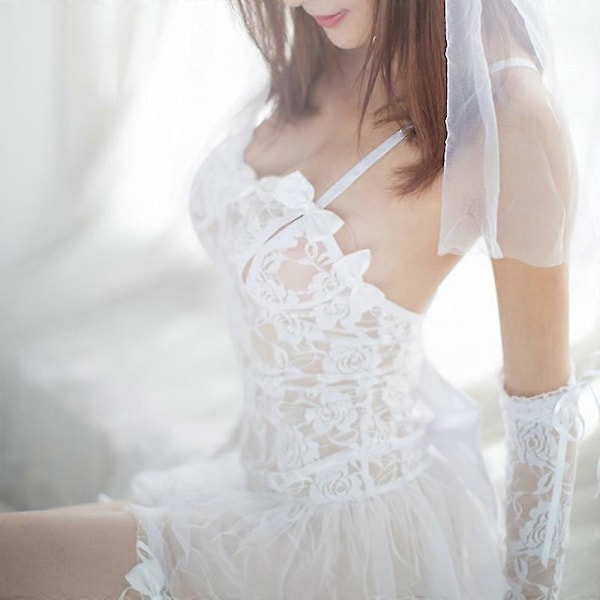 Hvid Brudekjole i Blonder, Sexy Lingeri Sæt, Babydoll Cosplay Kostume til Kvinder