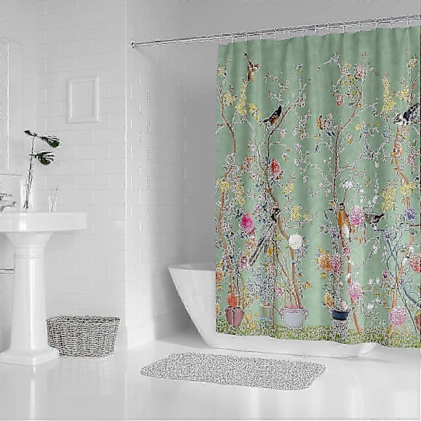 Dusjforheng Grønt Muggsikkert Vanntett Fugl Blomstret Baderomsforheng Hurtigtørkende Vektet 180x180cm (71x71Tommer) Grønn Fugl Blomstret
