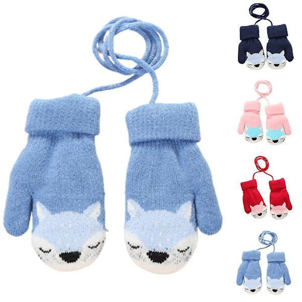 Barn Baby Cartoon Söta stickade vantar Vinter varma handskar på String Pojkar Flickor Present Blue