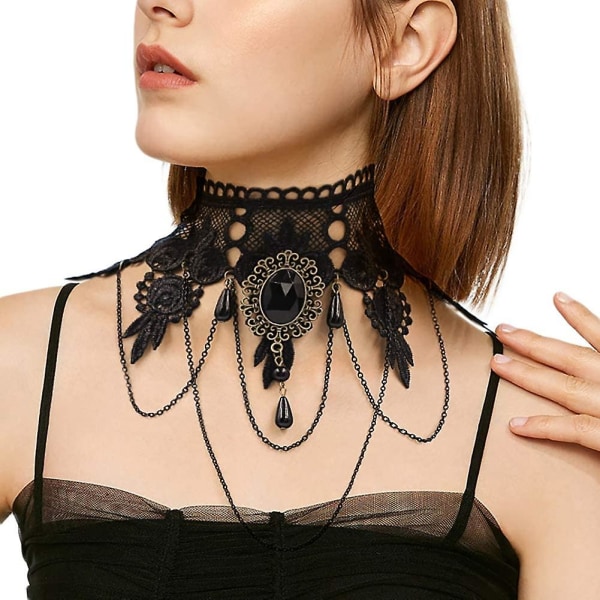 Elegant Vintage Princess Black Lace Gothic Statement Necklace Br