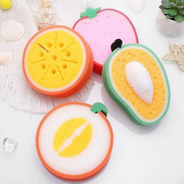 4 stk. Søde frugtformede badesvampe Badebørster Svampe Skrubber Badeudstyr til børn (Mango + Honningmelon + Appelsin + Jordbær)
