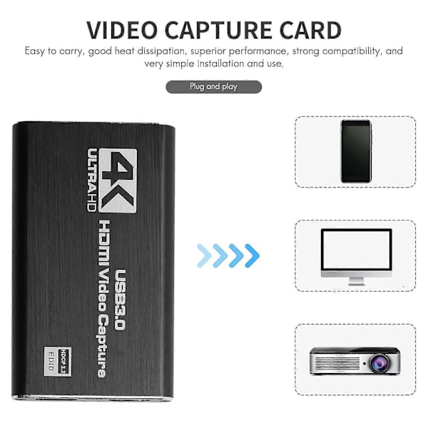 Audio Video Capture Card, 4K USB 3.0 Capture Adapter Videokonverter för Gaming Streaming Live Broa