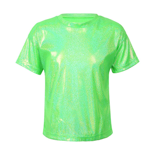 Barn Flickor Glittrande metallisk glänsande T-shirt Pojkar Kortärmad Lös T-shirt för Jazz Hip Hop Dans Kostym Scenuppträdande green 110