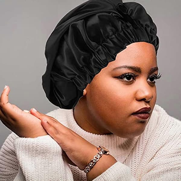 1 x Lang Satin Hårhætte Åndbar Sovehætte Bonnet Silke Afro Silke Sovehætte Satin Hætte Justerbar Sovehætte Nathue Hårplejehætte Sort