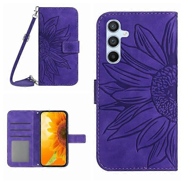 HT04 Nahkalompakkokotelo Yhteensopiva Samsung Galaxy A05s 4G -puhelimelle, Kukkakuvioinen puhelinkuori olkahihnalla DarkPurple