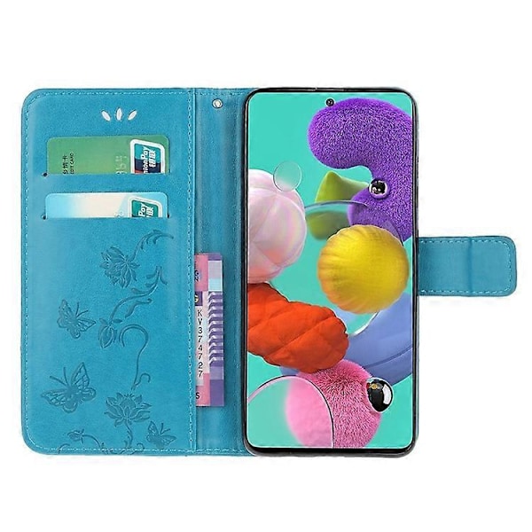 Præget Sommerfugl Blomst Skin PU Læder Flip Mobilcover Kompatibelt til Samsung Galaxy A51 Blue