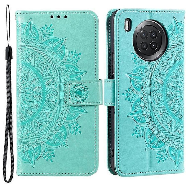 Präglad Mandala Blomma Fullständigt Skydd PU Läder + Mjuk TPU Ställ Plånboksfodral med Rem Kompatibel med Huawei nova 8i Green