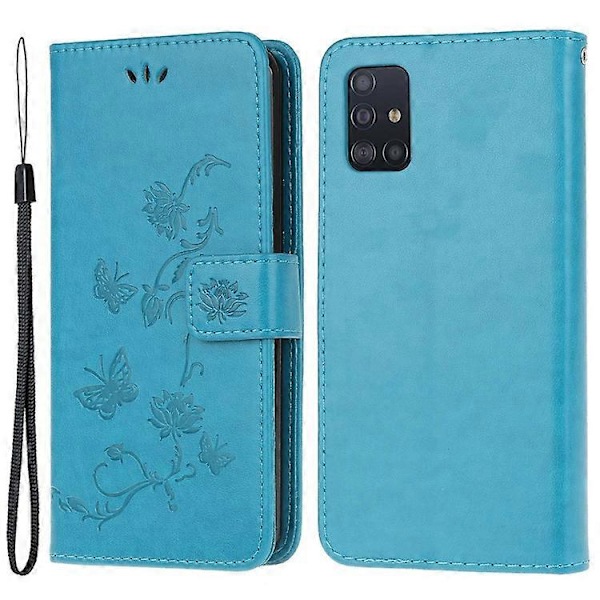 Præget Sommerfugl Blomst Skin PU Læder Flip Mobilcover Kompatibelt til Samsung Galaxy A51 Blue