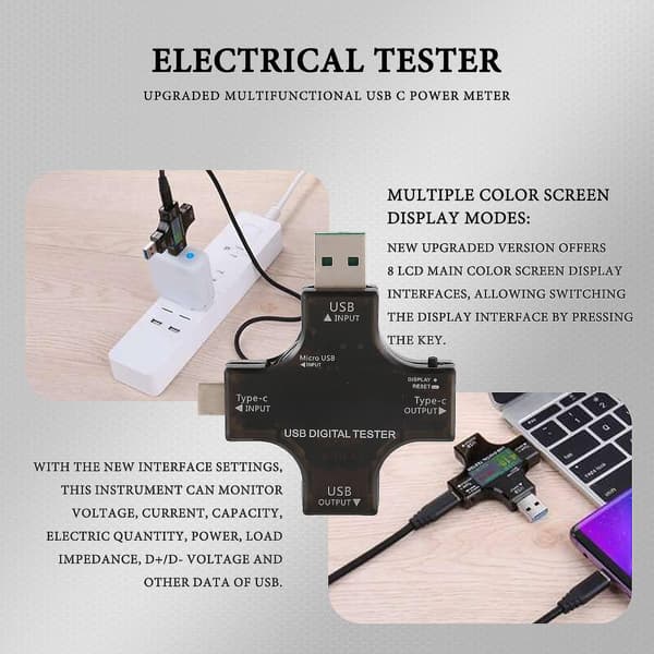 2-i-1 Typ C USB-testare Färgskärm LCD Digital Multimeter, USB C Spänning Ström Voltmeter Voltm