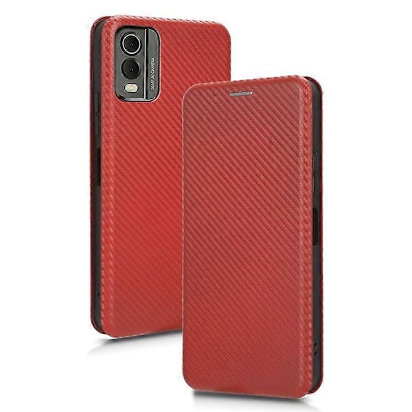 Kompatibelt för Nokia C32 PU Läder Kolfibertextur Fodral Kortfack Ställ Mobilskal Brown