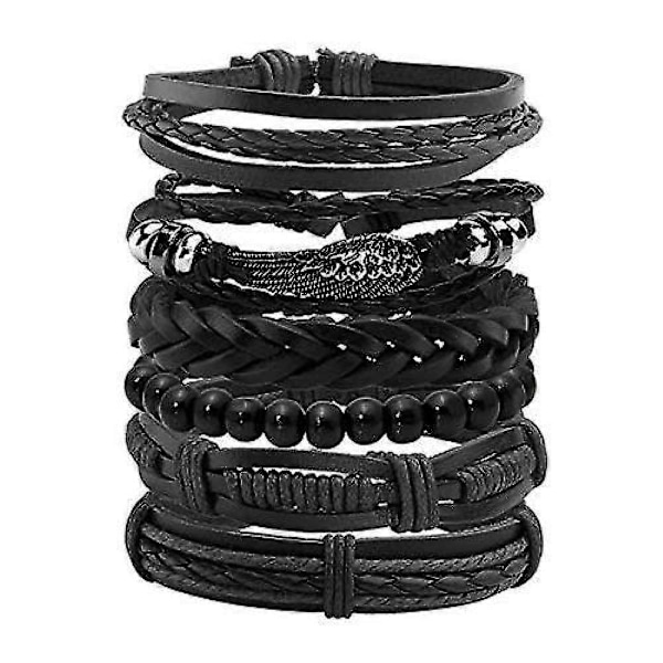 Flätat Läderarmband För Män Kvinnor Träpärlor Manschett Armband Justerbart Paket Om 6 KQE