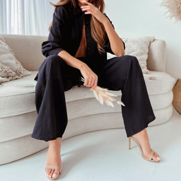 Lösa enkla kläder för kvinnor Skjorta toppar + resår med hög midja och breda ben Byxor Byxor som är lösa Casual Work Lounge-kläder Black S