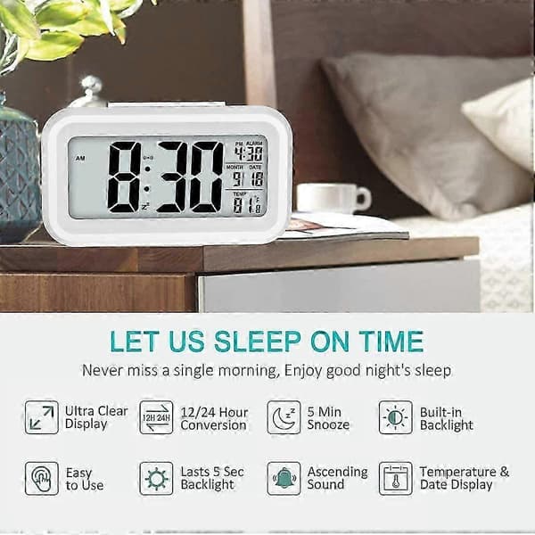 Digital Väckarklocka Morgon, Tyst Batteridriven Stor LED-Display Temperatur Kalender (Vit)