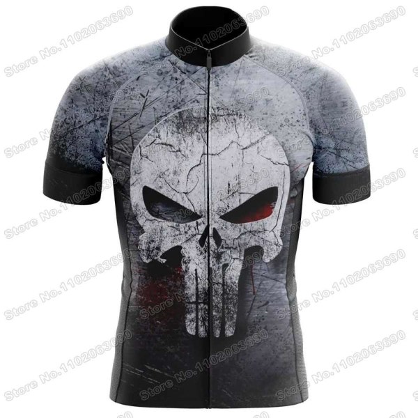 2023 Skull Cykeltröja Set Justiceiro Cykelkläder Herr Punisher Road Bike Shirt Kostym Cykel Bib Shorts MTB Ridkläder 1 XXS