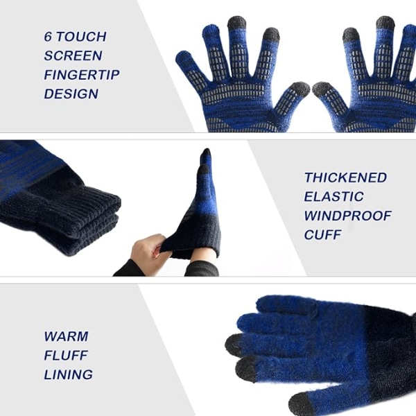 Vinterhandskar med pekskärm för män, halkfria varma handskar, stickade silikonpartikelhandskar för män Dark Blue