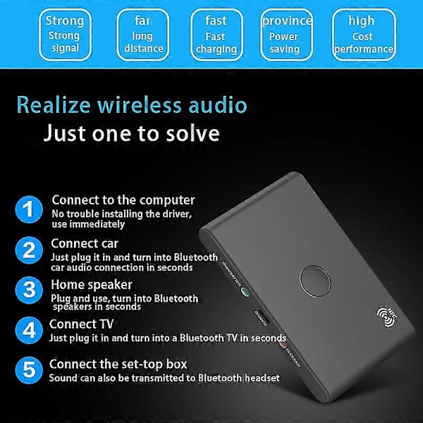 Bluetooth Sender Mottaker Trådløs Lydadapter for TV Bil Bluetooth Lydmottaker Sender