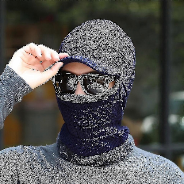 Herr Varm Mössa Vinter Tjock Hatt Och Halsduk Tvådelad Stickad Vindtät Mössa