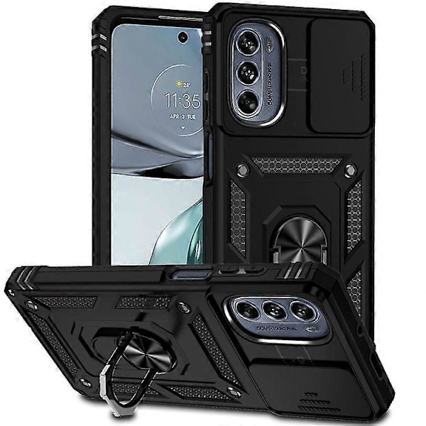 Yhteensopiva Motorola Moto G62 5G Metallirengaspidike PC + TPU Suojakuori Iskunkestävä Kotelo Liukuvalla Kameran Suojuksella Black