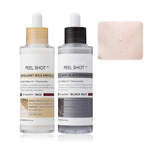 Peel Shot Glow Rice Ampul Duo Hvid Ris ampul+Sort Ris ampul, 200ML Blid Eksfoliering til Ansigt & Krop, Fjerner Døde Hudceller & Hudorme