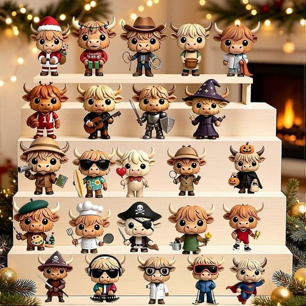 Juleflad akryl ko-ornament, Highland ko blind box sæt, assorterede søde designs, ideel julegave til samlere D