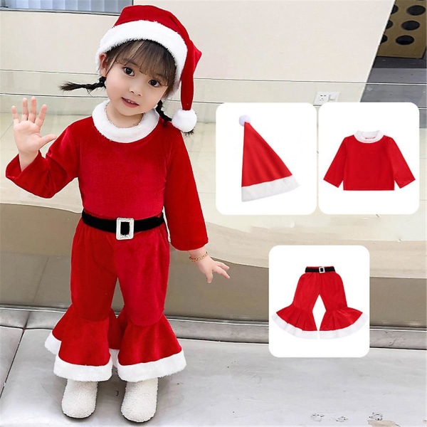 Jul pojkar flickor långärmad jumpsuit med spetsig hatt Set Santa Claus Cosplay kostym Red 7-8Y