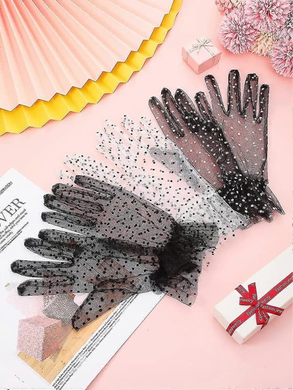 3 Par Dam Polka Dot Spetshandskar Stretchiga Korta Blomhandskar Svart Vit