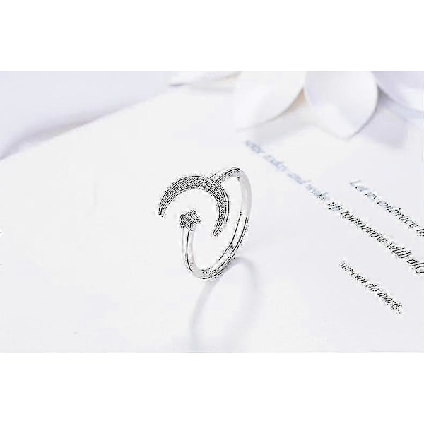 S925 Sterling Silver Halvmåne och Stjärnring Syntetisk Opal Öppen Ring Justerbar Ring Gåva till Kvinnor