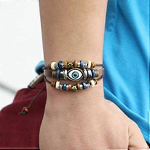 Heyone 2 stk. sæt Multi-Layer Evil Eye læderarmbånd til mænd Flettede reb armbånd Beskyttelsessmykker