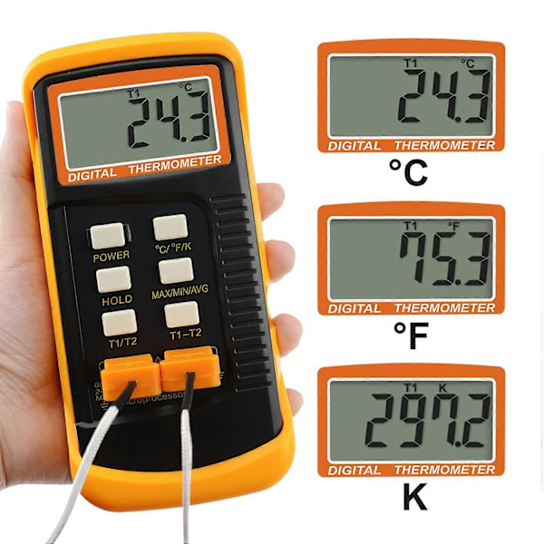Digital 2-kanals K-type termometer m/ 4 termoelementer (kablet & rustfrit stål), -50~1300C (-58~2372F) Håndholdt desktop højtemperatur Kelvin