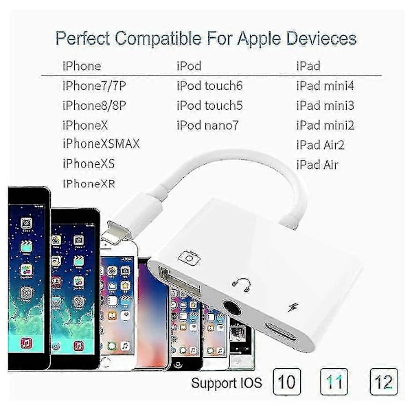 Lightning–USB 3 -kamerasovitin, 3-in-1 USB-naaras OTG -sovitin 3,5 mm:n kuulokeliitännällä + latausjakaja, yhteensopiva Phone 11 / X / Xs / 8 P -puhelimien kanssa