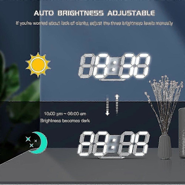 Vardagsrum 3D Väggklocka Gränsöverskridande Digital Klocka 3D Väckarklocka LED Väggklocka Digital Dimbar Ljudlös Snooze USB 12/24 Timmar