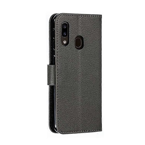 Litchi Tekstur Præget Fjer Læder Telefon Cover med Wallet Stand Kompatibel til Samsung Galaxy A20e Grey