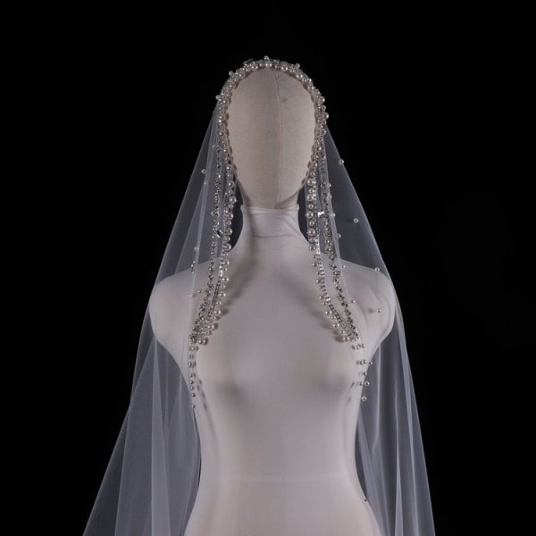 Vintage högkvalitativ Pearl Rhinestone White Ivory Brudslöja Bröllopshuvudbonader White Veil 150cm