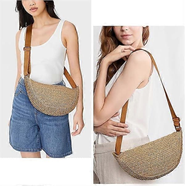 Stråväska Crossbody Strandväskor för Kvinnor Raffia Halvmåneväska Vävda Halvmåneväskor Sommar Stråväska Axelväska (Khaki)
