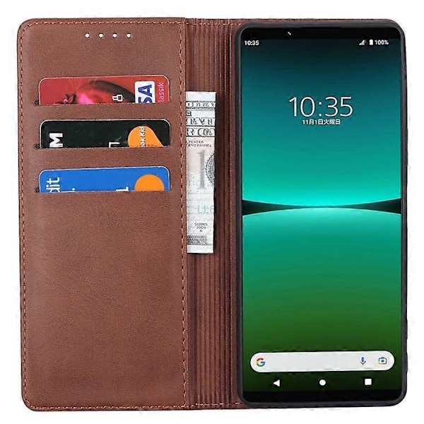 Yhteensopiva Sony Xperia 5 IV 5G Magneettinen Nahkakotelo Vasikannahka Kuvioitu TPU Suojaavalla Sisäkuorella DarkBrown