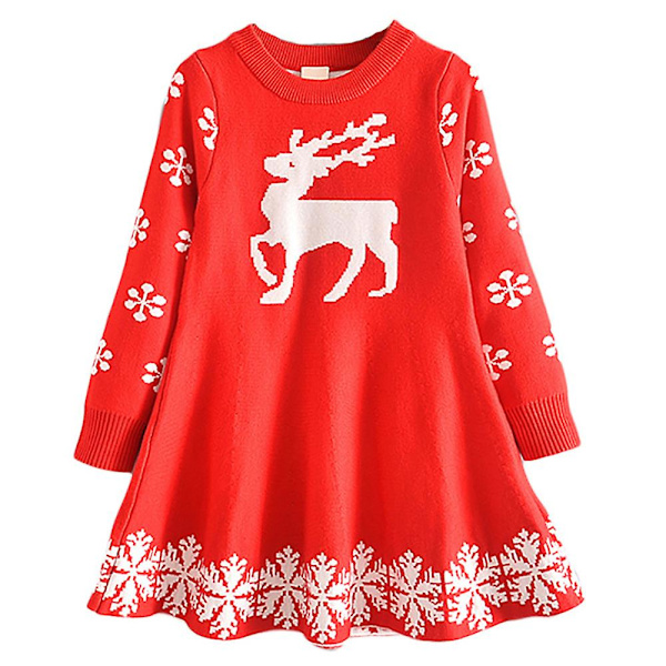 Joulu Lapset Tytöt Poro Print Neulemekko Pitkähihainen Neulottu Swing A-linjainen villapaita Mekot Joulujuhlapuku Red 3-4 Years