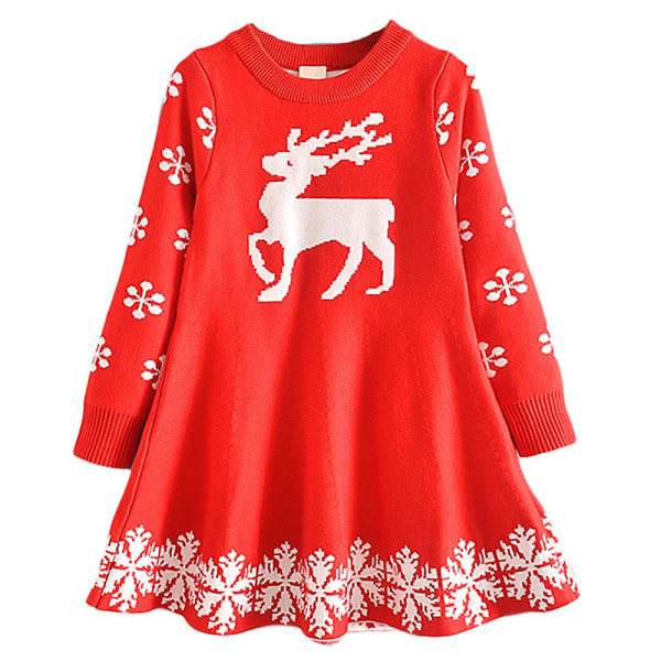 Jul Barn Flickor Ren Snöflinga Print Jumper Klänning Långärmad Stickad Swing A-linje tröja Klänningar Julfest Kostym Red 5-6 Years