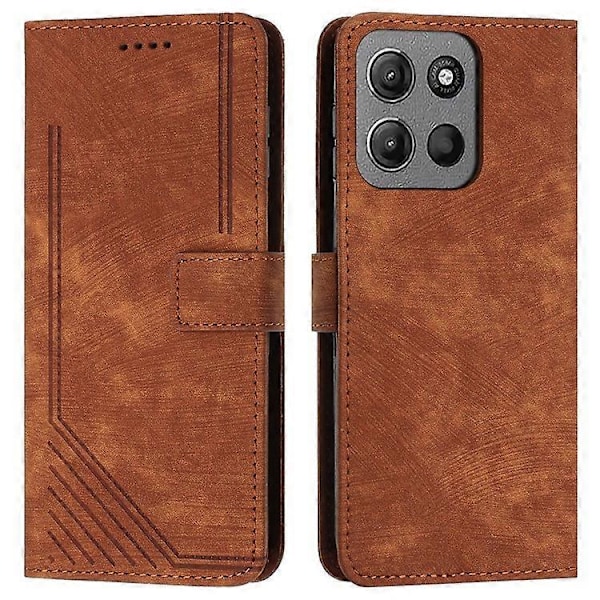 Kompatibel med Motorola Moto G15 4G Etui Prægede Linjer Læder Telefon Cover Foldbart Stativ Brown