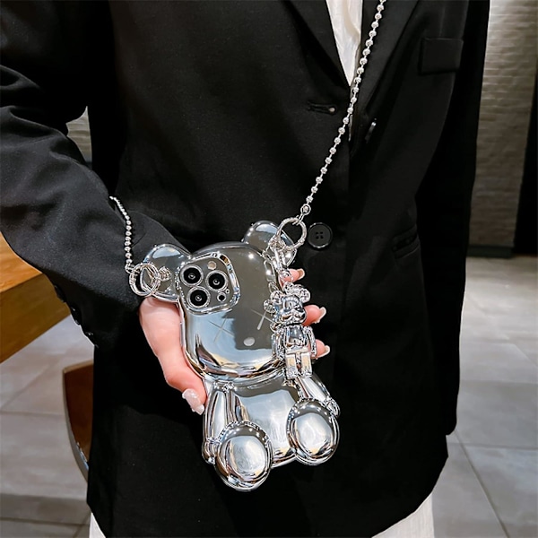 Søtt Deksel til iPhone 13 Pro Max 6.7'', 3D Tegneserie Deksel Sølv Teddybjørn Glitter Bling Cover med Metallkjedestropp Klokkeanheng, Mote Belagt Myk