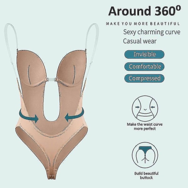 Tflycq Naisten syvä V-pääntie Body Shaper Olkaimeton Selkänojaton Body Shapewear U Upeat Saumattomat Stringit Täys Bodysuits Beige L(36)