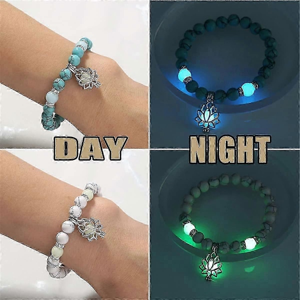 2 stk Angst & Stress-Reduserende Armbånd, Gløder I Mørket Lotus Yoga Healing Stone Armbånd, Lysende Glødende I Mørket Måne Lotusblomst Formet Charm Armbånd